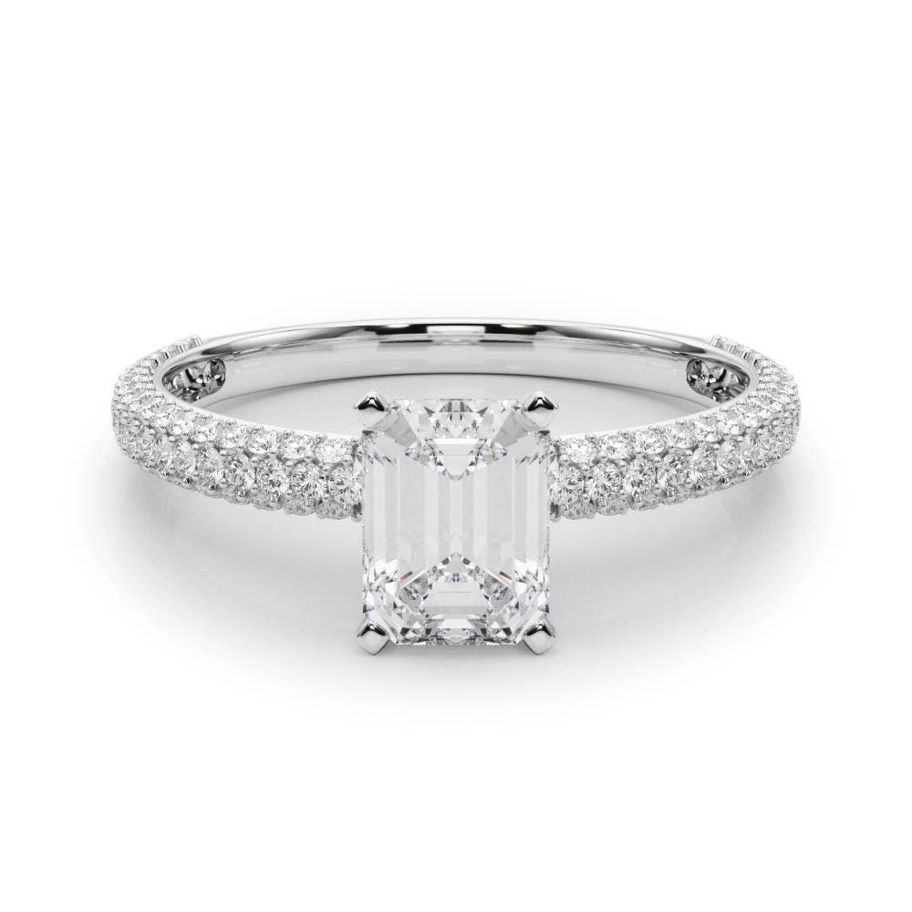 White gold Emerald Solitaire with Pave Band and Four-Prong Setting
