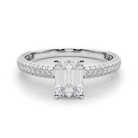 White gold Emerald Solitaire with Pave Band and Four-Prong Setting