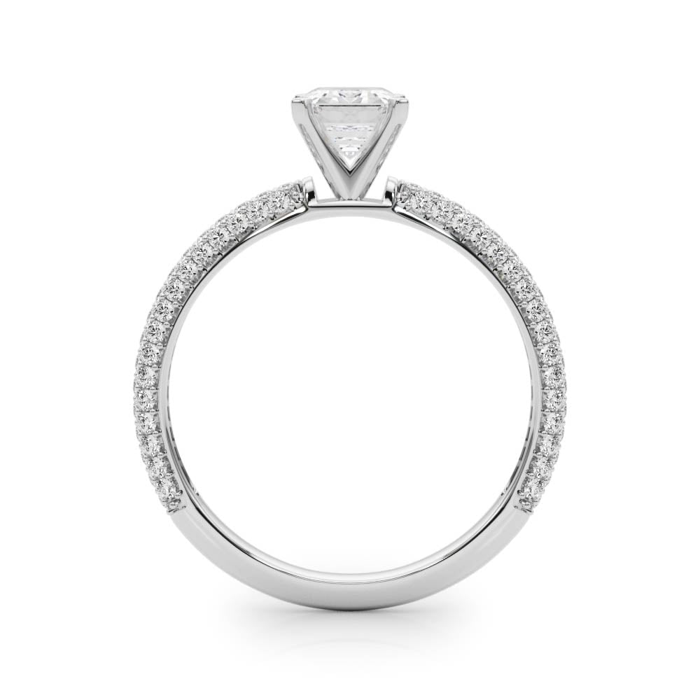 White gold Emerald Solitaire with Pave Band and Four-Prong Setting