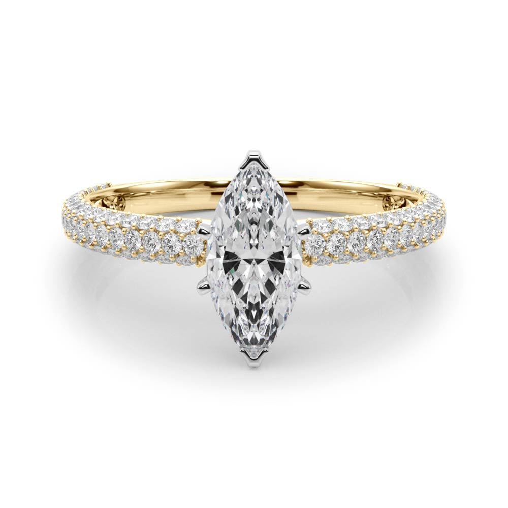 Yellow gold Marquise Solitaire with Pave Band and Four-Prong Setting