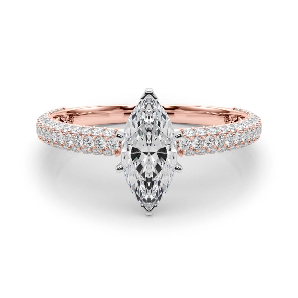 Rose gold Marquise Solitaire with Pave Band and Four-Prong Setting