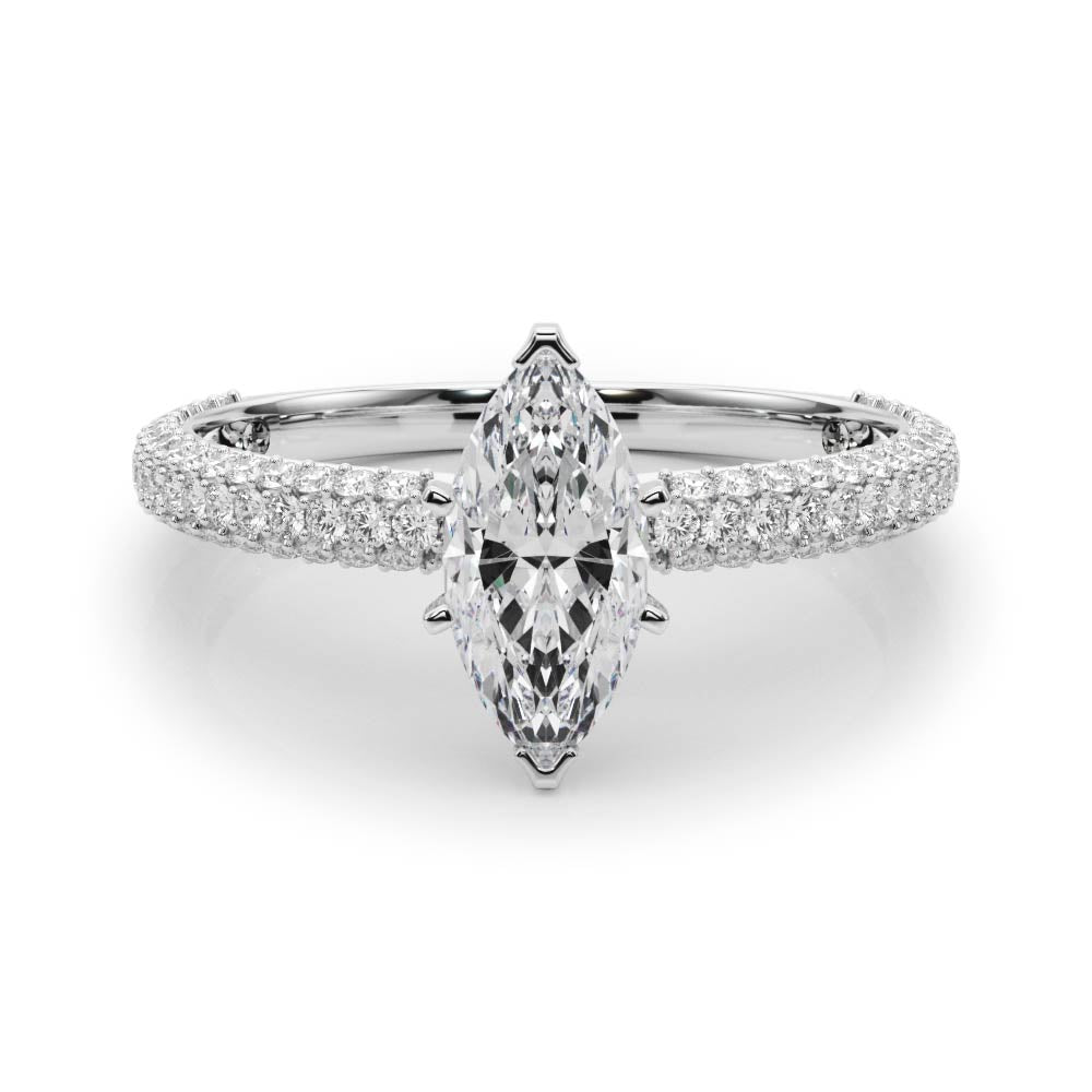 Platinum Marquise Solitaire with Pave Band and Four-Prong Setting