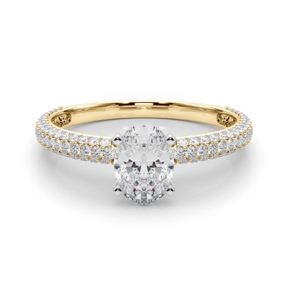 Yellow gold Oval Solitaire with Pave Band and Four-Prong Setting
