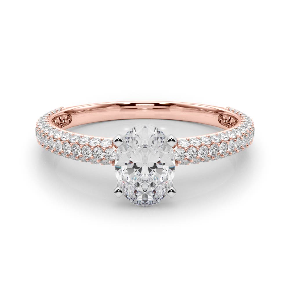 Rose gold Oval Solitaire with Pave Band and Four-Prong Setting