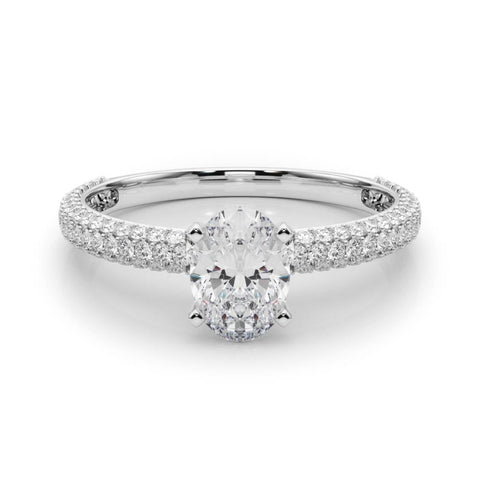 Platinum Oval Solitaire with Pave Band and Four-Prong Setting