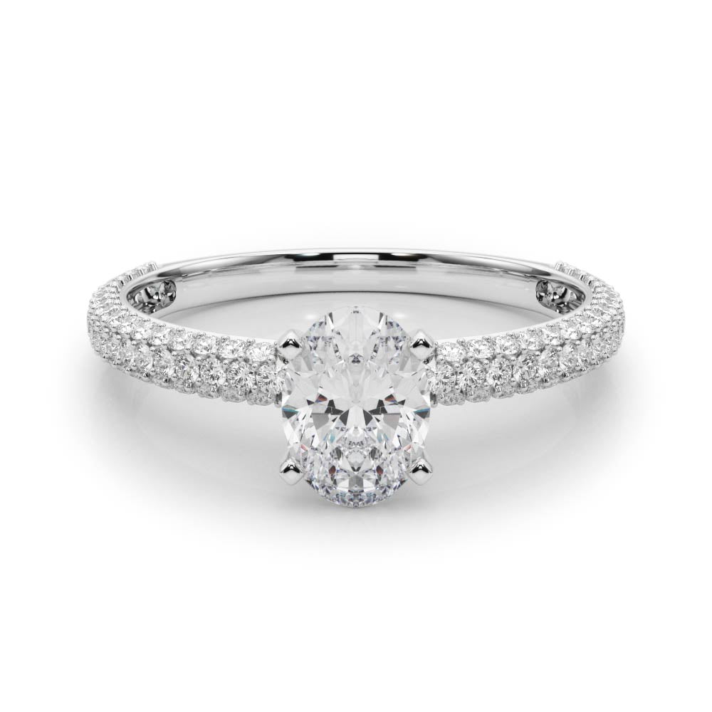 White gold Oval Solitaire with Pave Band and Four-Prong Setting