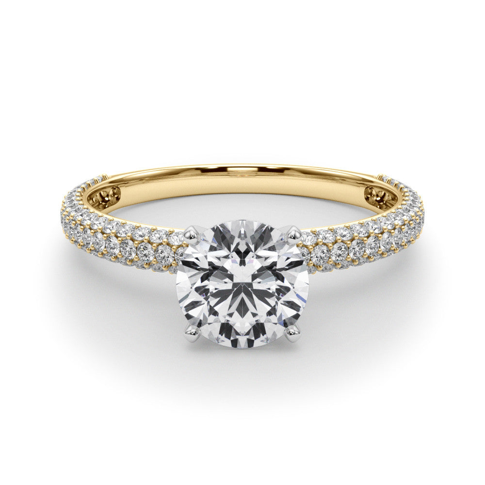 Yellow gold Round Solitaire with Pave Band and Four-Prong Setting