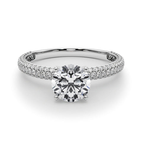 White gold Round Solitaire with Pave Band and Four-Prong Setting