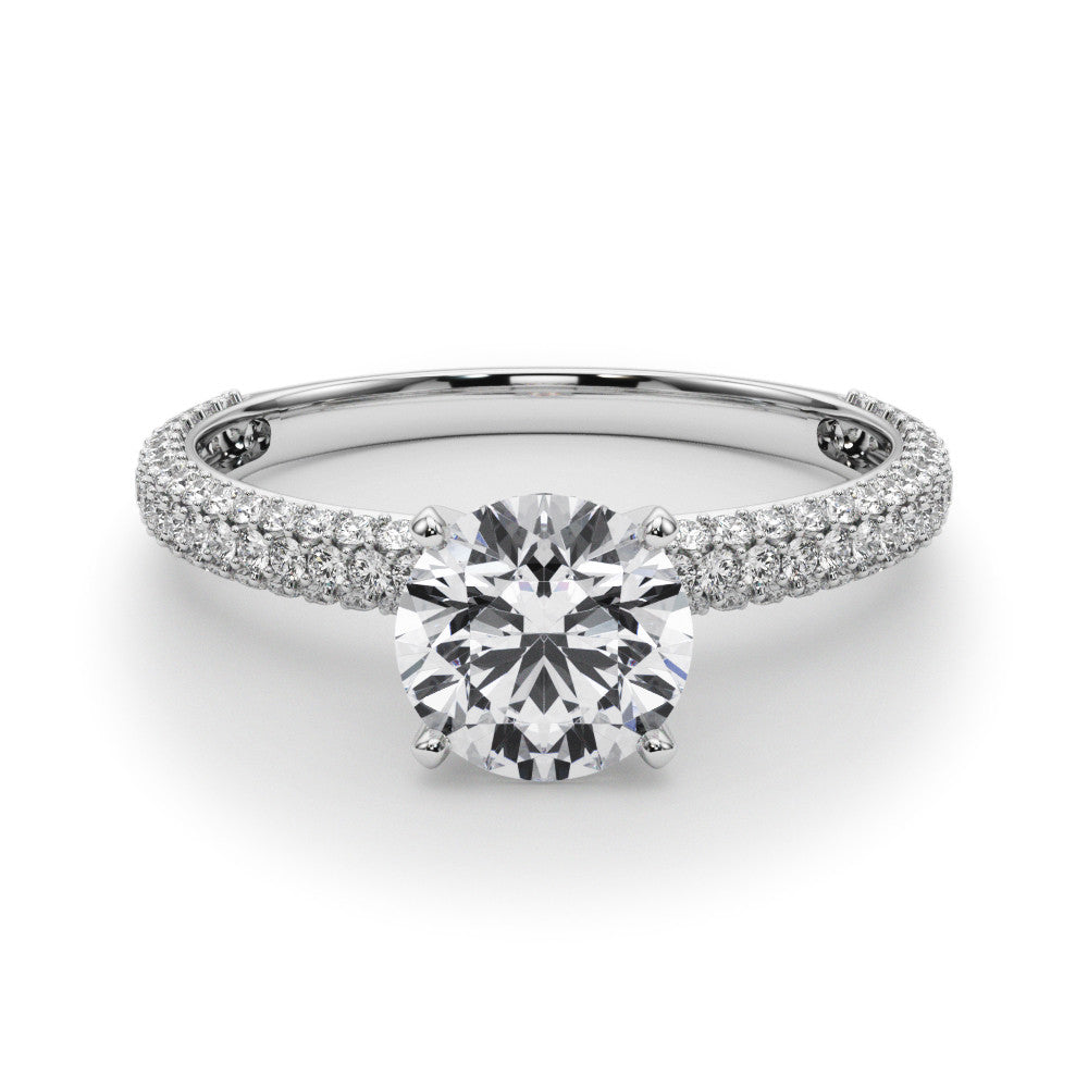 White gold Round Solitaire with Pave Band and Four-Prong Setting