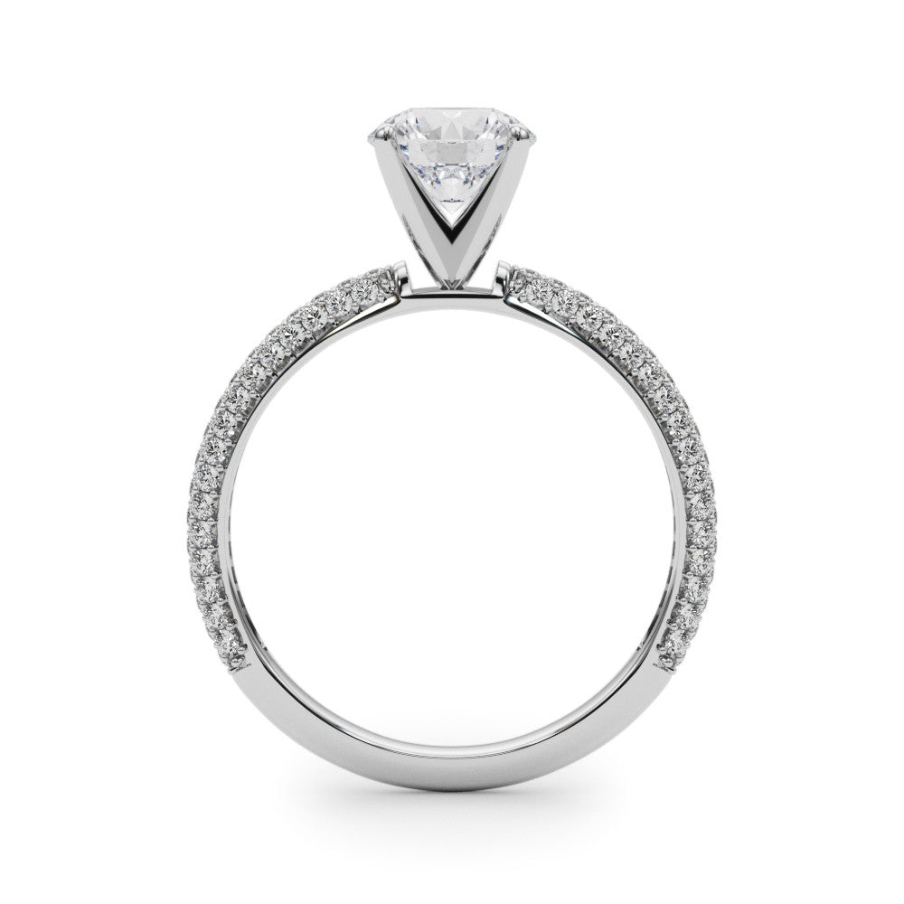 White gold Round Solitaire with Pave Band and Four-Prong Setting