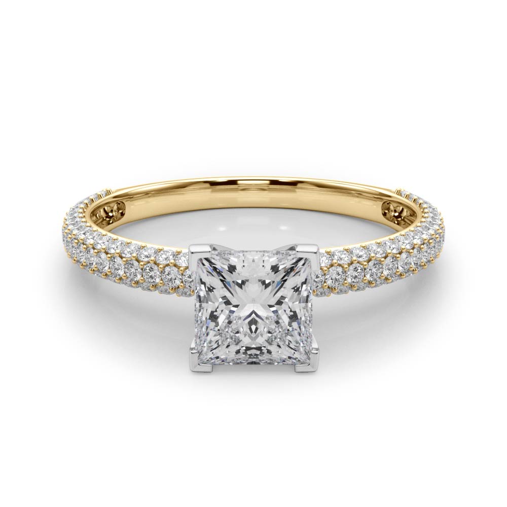 Yellow gold Princess Solitaire with Pave Band and Four-Prong Setting