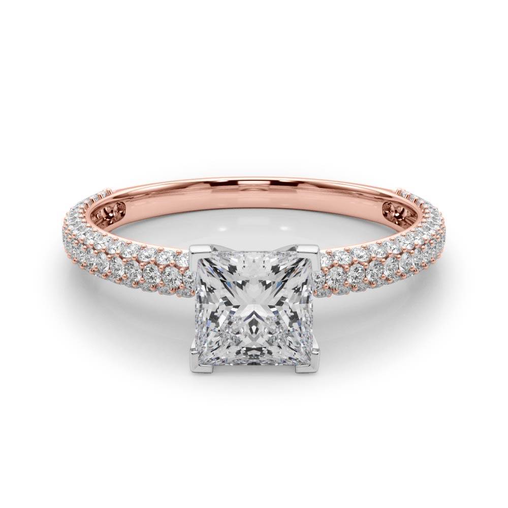Rose gold Princess Solitaire with Pave Band and Four-Prong Setting