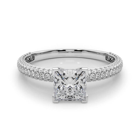White gold Princess Solitaire with Pave Band and Four-Prong Setting