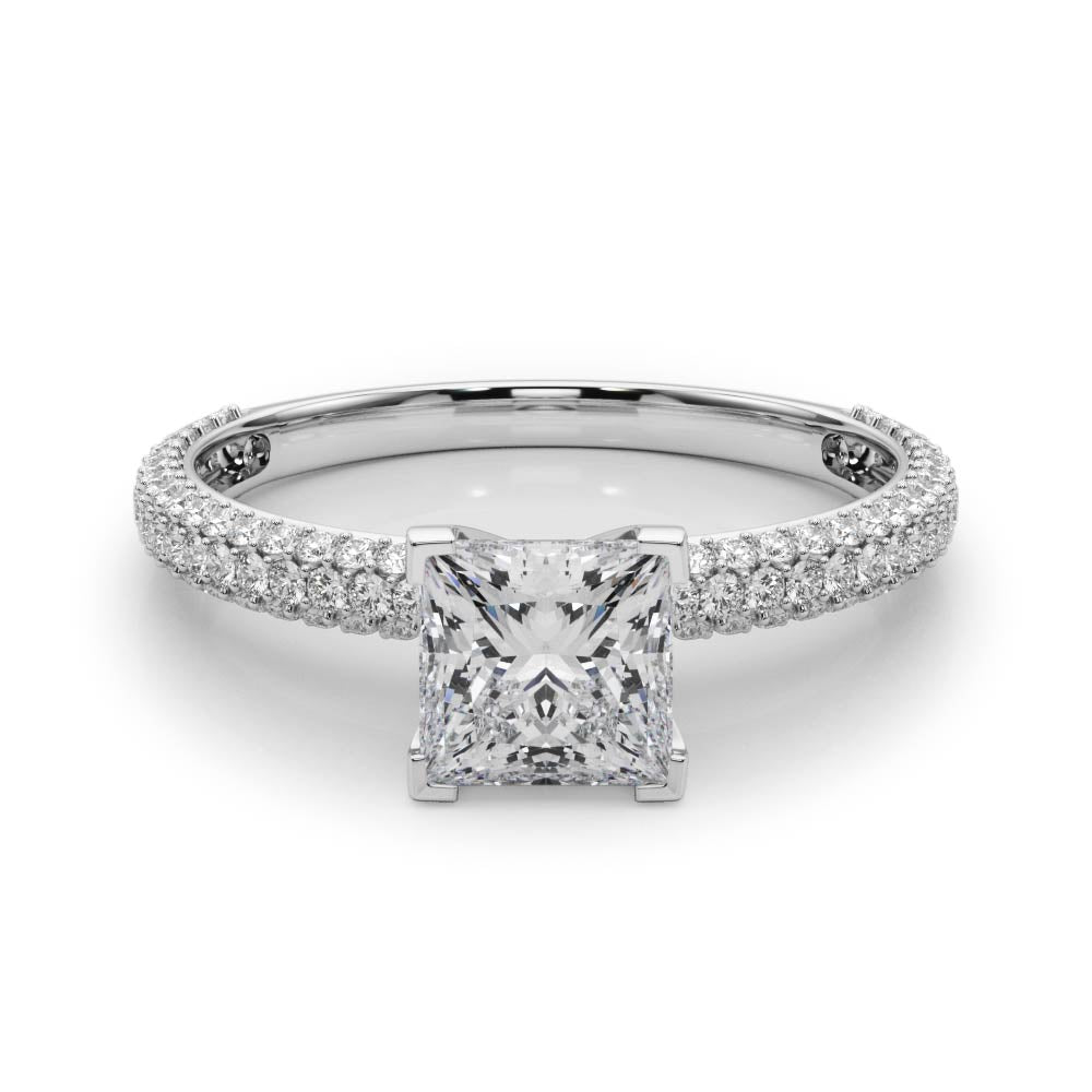 White gold Princess Solitaire with Pave Band and Four-Prong Setting