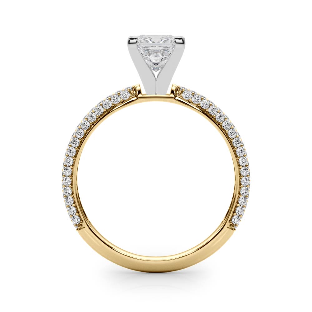 Yellow gold Princess Solitaire with Pave Band and Four-Prong Setting