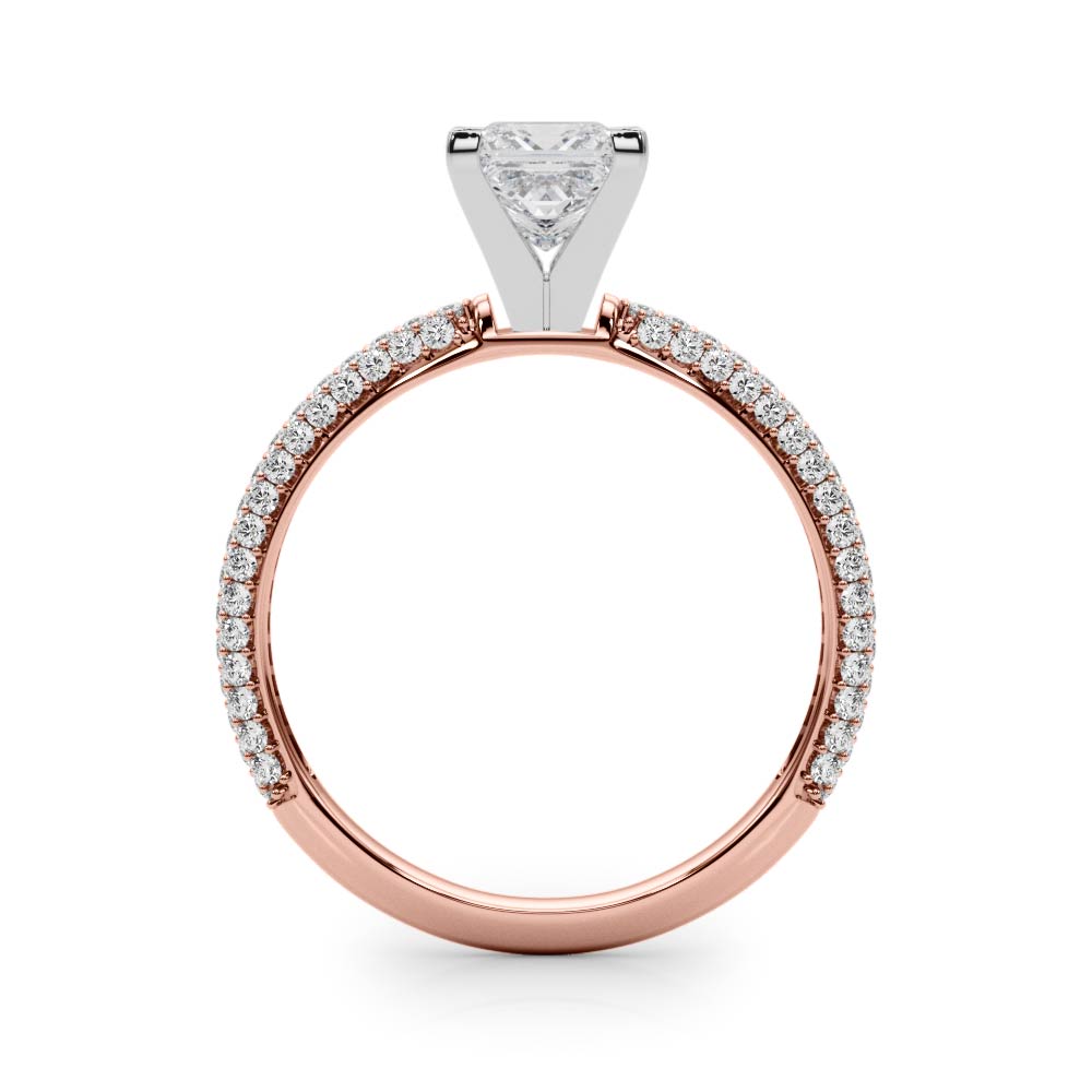 Rose gold Princess Solitaire with Pave Band and Four-Prong Setting