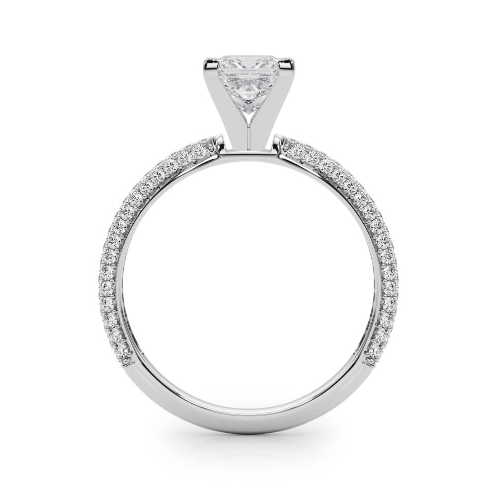 White gold Princess Solitaire with Pave Band and Four-Prong Setting