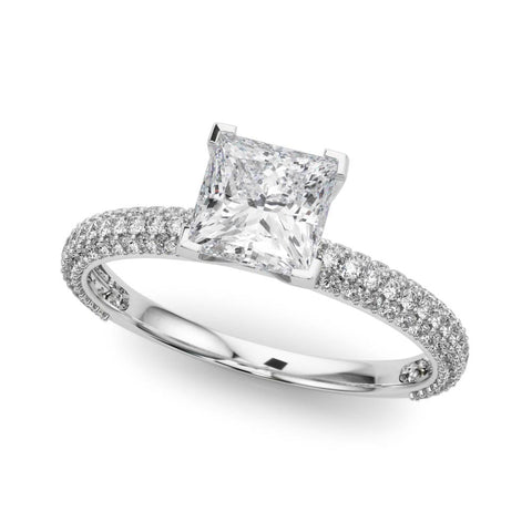 White gold Princess Solitaire with Pave Band and Four-Prong Setting