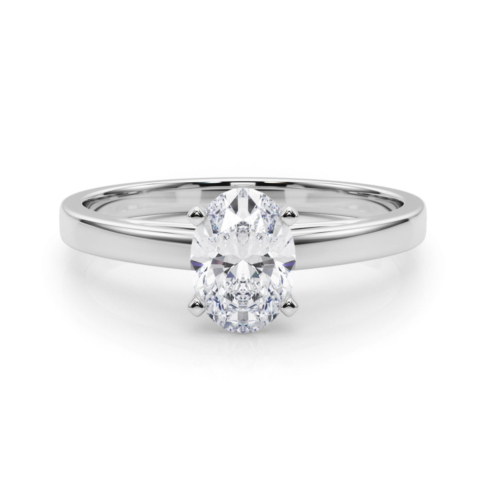 White gold Oval Solitaire Diamond Engagement Ring with Four-Prong Setting on a Classic Band