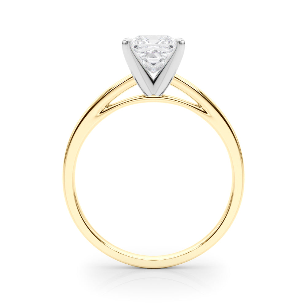 Yellow gold Princess Solitaire Diamond Engagement Ring with Four-Prong Setting on a Classic Band