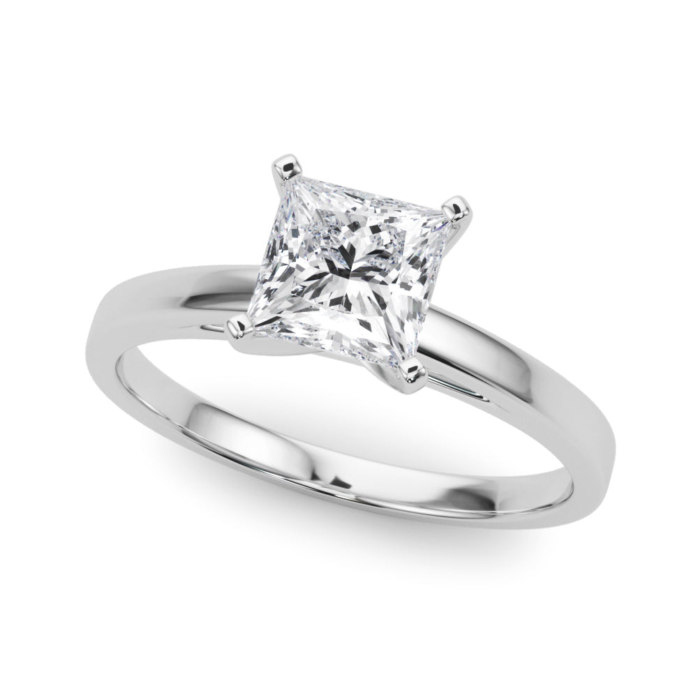 Silver Princess Solitaire Diamond Engagement Ring with Four-Prong Setting on a Classic Band
