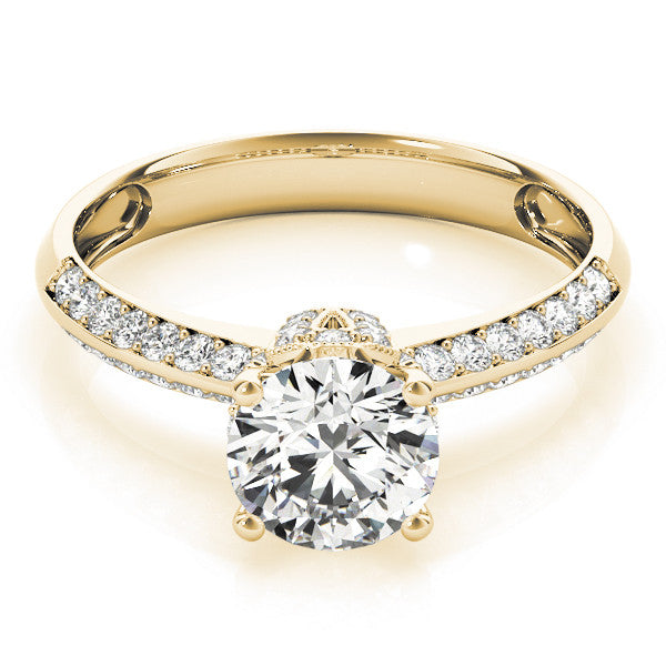 Yellow gold Round Solitaire Split Shank Pave Diamond Engagement Ring with Four-Prong Setting