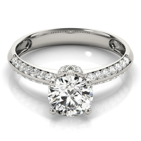 Silver Round Solitaire Split Shank Pave Diamond Engagement Ring with Four-Prong Setting