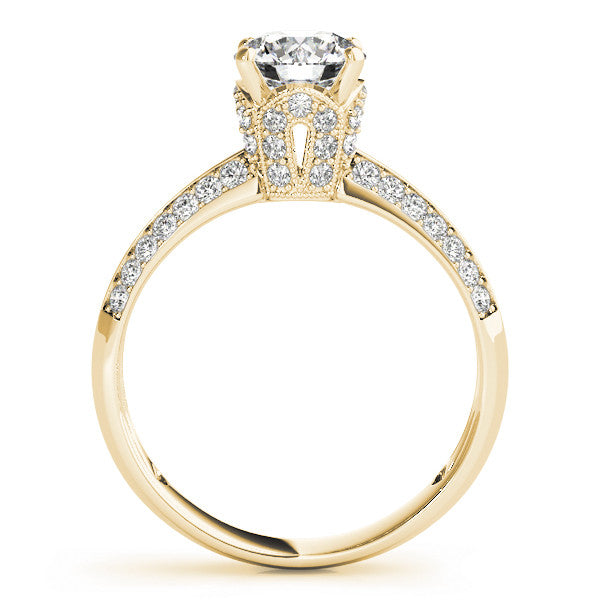 Yellow gold Round Solitaire Split Shank Pave Diamond Engagement Ring with Four-Prong Setting