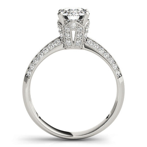 Platinum Round Solitaire Split Shank Pave Diamond Engagement Ring with Four-Prong Setting