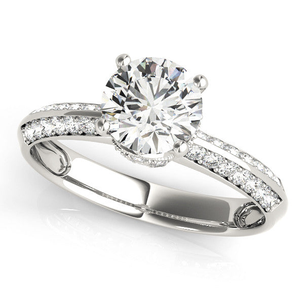 Silver Round Solitaire Split Shank Pave Diamond Engagement Ring with Four-Prong Setting