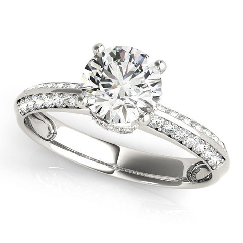 Silver Round Solitaire Split Shank Pave Diamond Engagement Ring with Four-Prong Setting