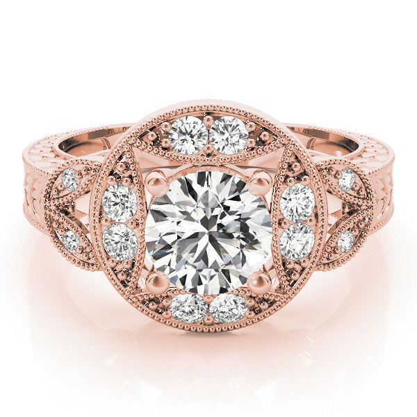 Rose gold Round Halo Milgrain Diamond Engagement Ring with Leaf Band and Four-Prong Setting