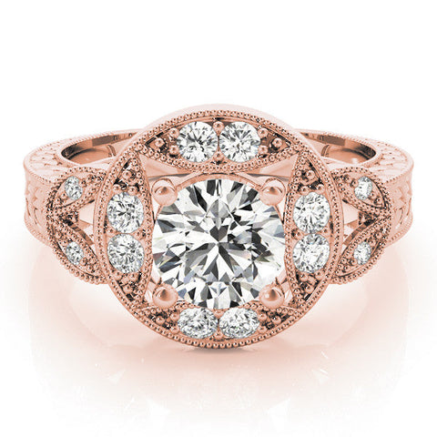 Rose gold Round Halo Milgrain Diamond Engagement Ring with Leaf Band and Four-Prong Setting