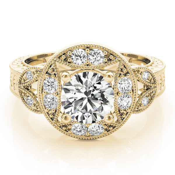 Yellow gold Round Halo Milgrain Diamond Engagement Ring with Leaf Band and Four-Prong Setting