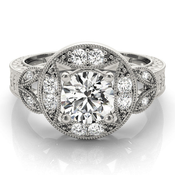 White gold Round Halo Milgrain Diamond Engagement Ring with Leaf Band and Four-Prong Setting