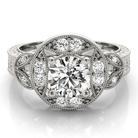Silver Round Halo Milgrain Diamond Engagement Ring with Leaf Band and Four-Prong Setting