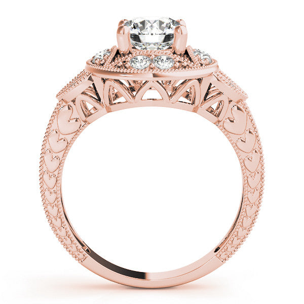 Rose gold Round Halo Milgrain Diamond Engagement Ring with Leaf Band and Four-Prong Setting
