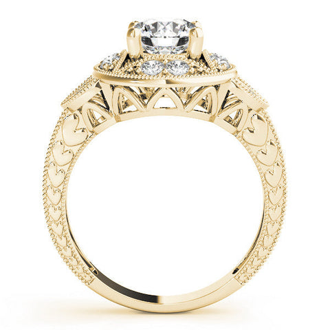 Yellow gold Round Halo Milgrain Diamond Engagement Ring with Leaf Band and Four-Prong Setting