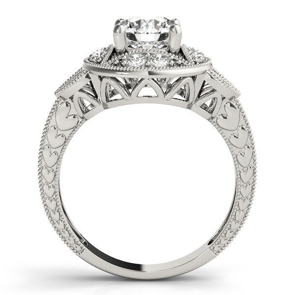 Silver Round Halo Milgrain Diamond Engagement Ring with Leaf Band and Four-Prong Setting