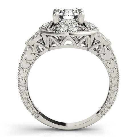 Silver Round Halo Milgrain Diamond Engagement Ring with Leaf Band and Four-Prong Setting