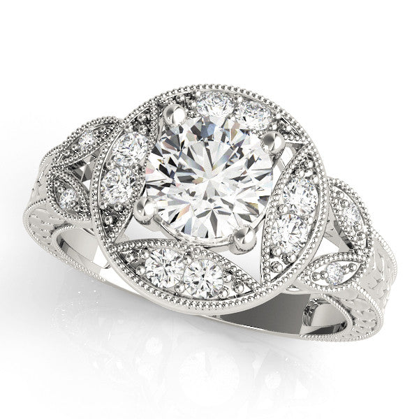 White gold Round Halo Milgrain Diamond Engagement Ring with Leaf Band and Four-Prong Setting