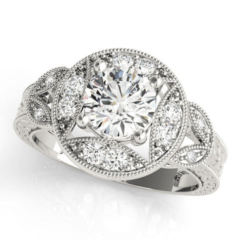 Silver Round Halo Milgrain Diamond Engagement Ring with Leaf Band and Four-Prong Setting