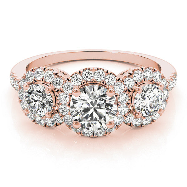 Rose gold Three-Stone Round Halo Diamond Ring with Pave Band and Prong Setting