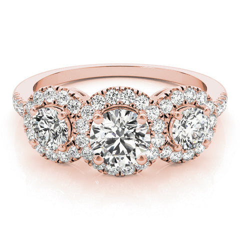 Rose gold Three-Stone Round Halo Diamond Ring with Pave Band and Prong Setting