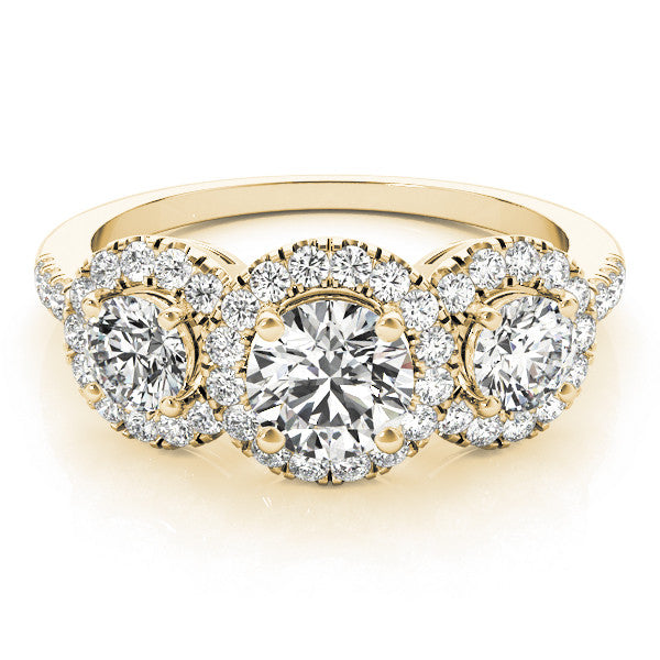 Yellow gold Three-Stone Round Halo Diamond Ring with Pave Band and Prong Setting