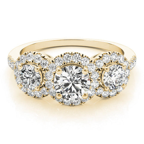 Yellow gold Three-Stone Round Halo Diamond Ring with Pave Band and Prong Setting