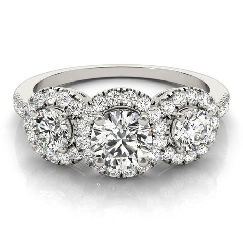 Platinum Three-Stone Round Halo Diamond Ring with Pave Band and Prong Setting
