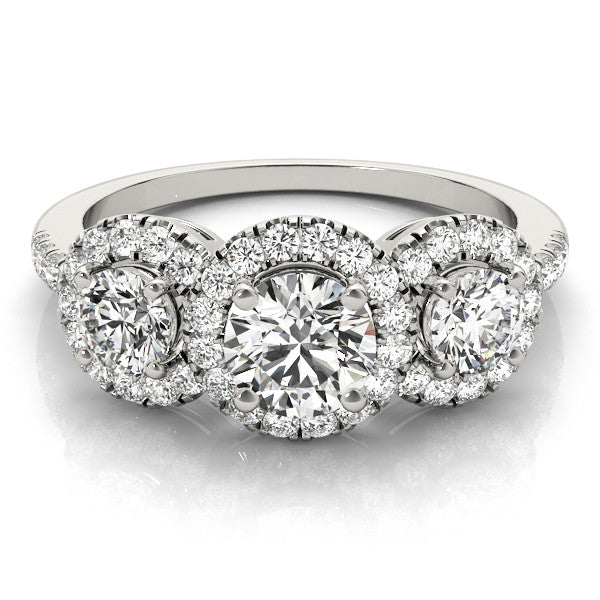 White gold Three-Stone Round Halo Diamond Ring with Pave Band and Prong Setting