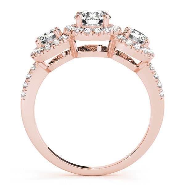 Rose gold Three-Stone Round Halo Diamond Ring with Pave Band and Prong Setting