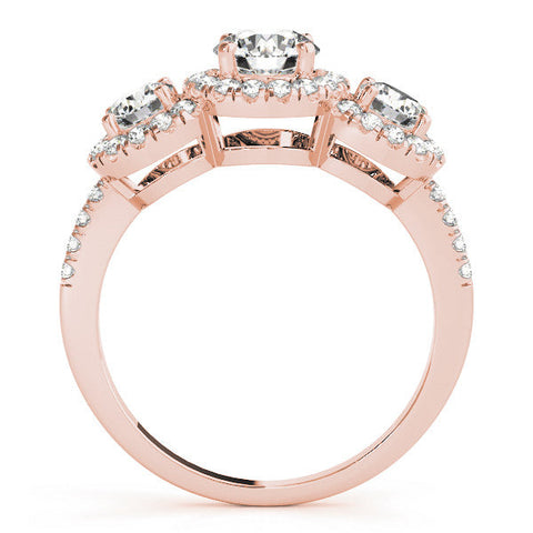 Rose gold Three-Stone Round Halo Diamond Ring with Pave Band and Prong Setting